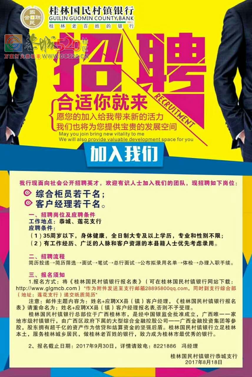 桂林国民村镇银行恭城支行招聘综合柜员、客户经理49 / 作者:分类小编 / 帖子ID:236142