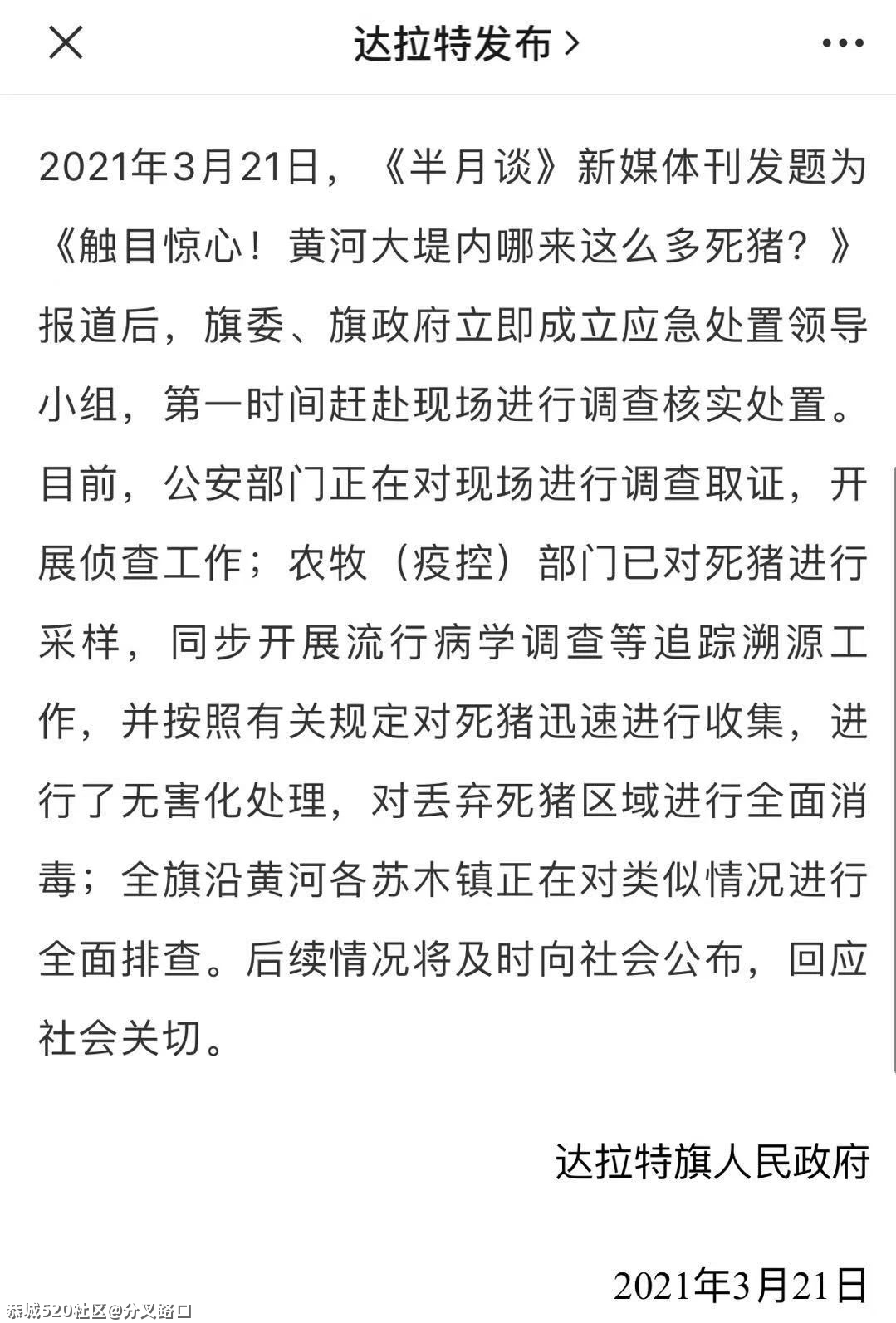 黄河大堤内出现死猪！官方回应了564 / 作者:分叉路口 / 帖子ID:283539