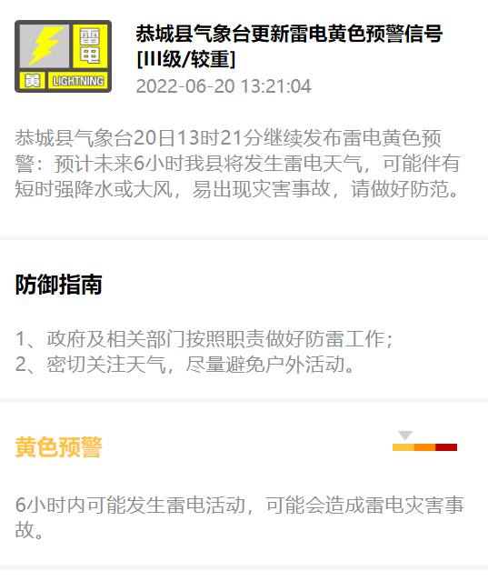 恭城县气象台20日13时21分继续发布雷电黄色预警165 / 作者:论坛小编01 / 帖子ID:296568