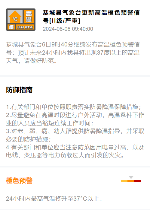 恭城县气象台6日9时40分继续发布高温橙色预警信号354 / 作者:论坛小编01 / 帖子ID:316466